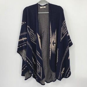 Francesca's Women's One Size Cape Shawl Poncho Sweater Aztec Pattern Blue